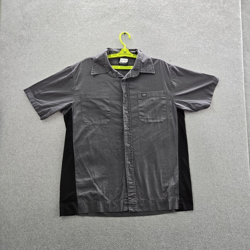 FMF Men Button Up Shirt XL Gray Embroidered Casual Shirt Short Sleeve Skater Y2K